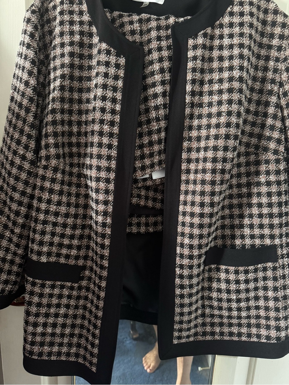 Kasper Black and Cream Tweed Collarless Open Jacket with Skirt/ Sold as Set